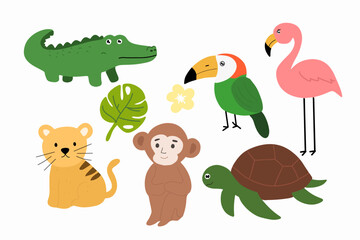 Fototapeta premium Cute Tropical Jungle Animal Character Collection Featuring Various Exotic Wildlife Species
