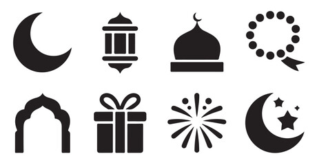 Fototapeta premium Islamic crescent moon, mosque, lantern, gift, prayer beads and firework icons set.