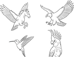 Vector animal illustration set featuring flying pegasus eagle hummingbird and cockatoo parrot elements for corporate branding logo design and tattooing © AntarChandra