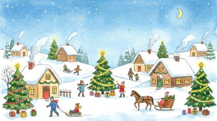 Fototapeta premium Charming watercolor village scene with children enjoying winter holiday activities