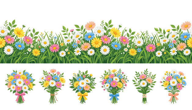 Colorful spring flowers and green grass border with a collection of vibrant floral bouquets