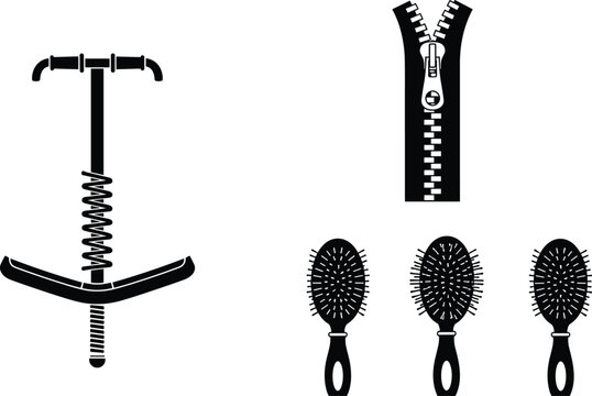 Vector black silhouette icon set featuring pogo stick toy zipper and hairbrushes for childhood retail marketing and graphic design elements