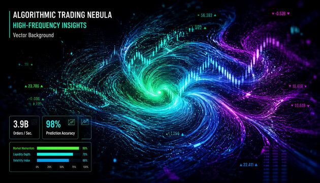 Algorithmic trading nebula with high-frequency insights, financial data visualization dashboard, futuristic stock market analytics background