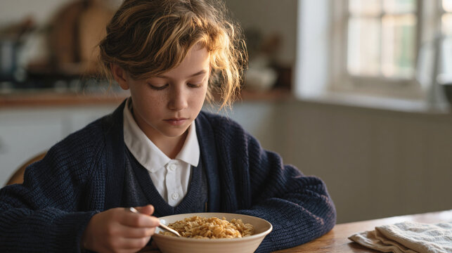 Sad schoolgirl with a disgruntled expression eats porridge for breakfast before school, showing childhood routine, morning mood and family lifestyle.