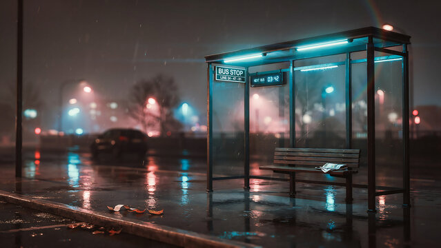 Nighttime city street scene with an empty bus stop under rain and colorful