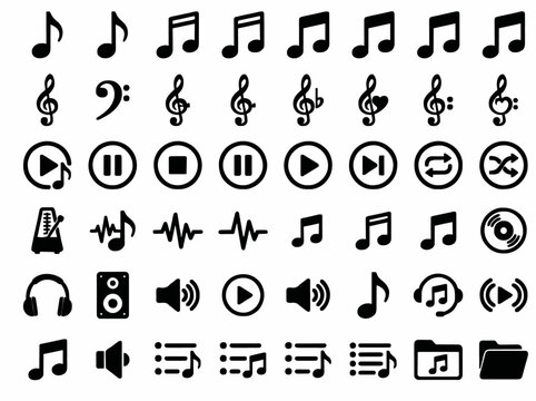 Music Note Icon Set with Treble Bass Clef Play Pause Stop Shuffle Headphone Speaker Metronome Waveform Disc and Playlist Symbols Black