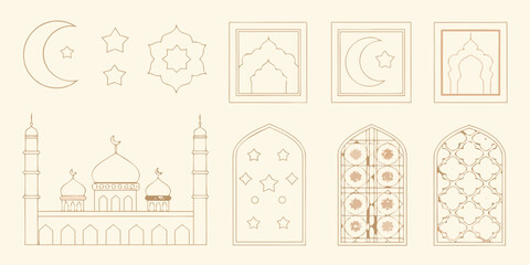 Islamic Architectural Elements And Crescent Moon Line Vector Illustration © Laki