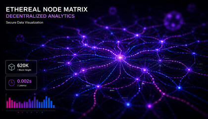 Fototapeta premium Ethereal node matrix for decentralized analytics, secure data visualization with glowing purple connections, futuristic blockchain network interface
