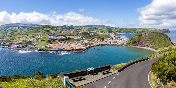 Panoramic view of Azores islands Horta town with port and landscape panorama on Faial island on Azores, Portugal