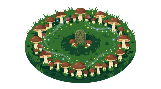 Mystical Mushroom Circle with Glowing Fairy Dust Around Ancient Stone