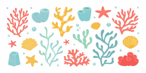 Marine Life Vector Illustration With Coral Starfish And Shells © Laki