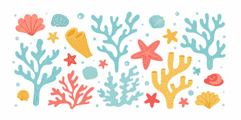 Marine life illustration with coral seashells and starfish on white background © Laki