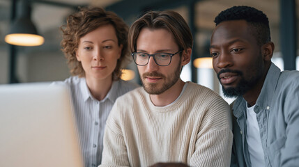 Obraz premium Three diverse coworkers collaborate closely at a laptop in a modern office, focused on a project.