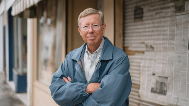 Older male entrepreneur stands with arms crossed before a shuttered storefront covered in old press clippings, showing determination for a comeback and second startup.