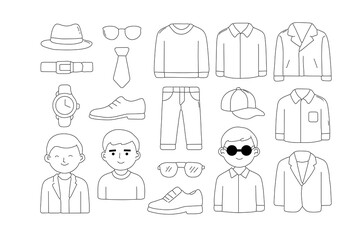 Fototapeta premium Collection of Men Fashion Clothing Accessories and Casual Style Apparel Elements Icons Set