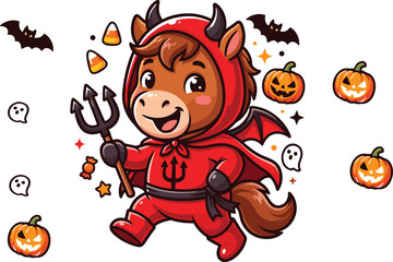 Fototapeta premium Cute Halloween devil horse character wearing red costume with pumpkins bats and candy cartoon vector illustration
