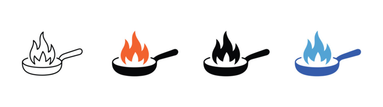 Cooking pan icon set, vector illustration featuring frying pans with fire flames, linear and solid styles, culinary design, restaurant interface, cooking heat and food preparation symbols.