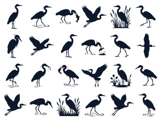 Naklejka premium Heron Bird Silhouette Collection: Various Poses and Actions