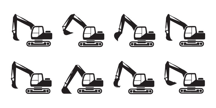 Set of eight black excavator icons with various digging arm positions on a transparent background.