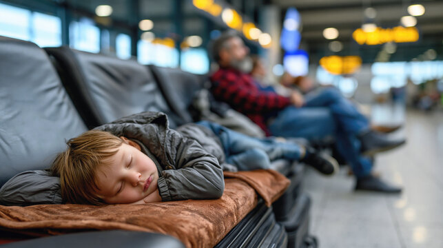 A young child sleeps on an airport bench while blurred passengers wait in the busy terminal. Flight delay concept.