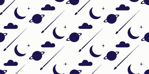Seamless pattern with dark blue space elements moons planets stars and shooting objects © Sadhin07