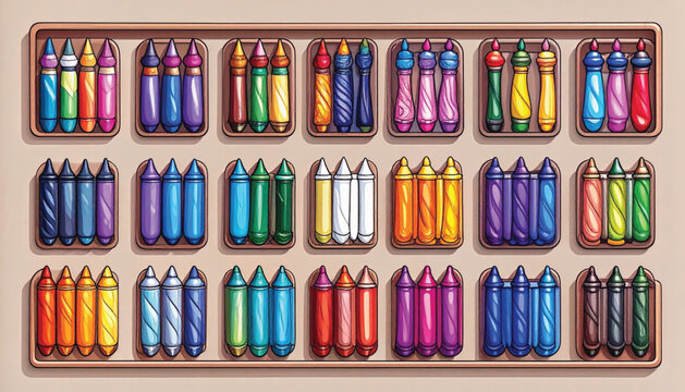 Colorful markers in a box.