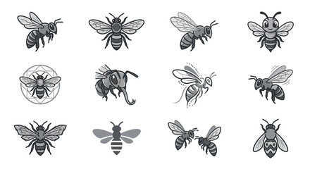 Monochrome honey bee illustrations in various flying poses. © Muh
