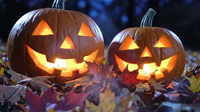 Two carved Halloween pumpkins with glowing faces sit on a pile of colorful autumn maple leaves at night with a dark blue bokeh forest background and flickering candle light.