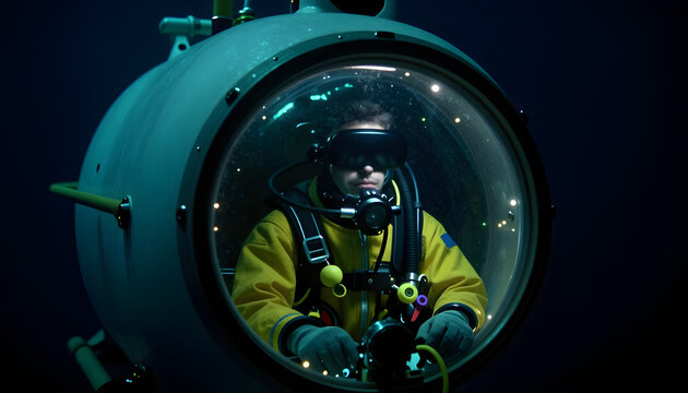 A marine engineer sits inside a cramped, high-tech submersible, looking out of a thick acrylic window at bioluminescent organisms.