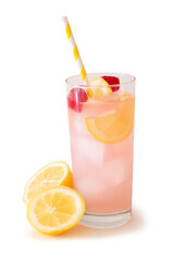 Fototapeta premium Glass of summer pink lemonade with raspberries, lemons and straw isolated on a white background