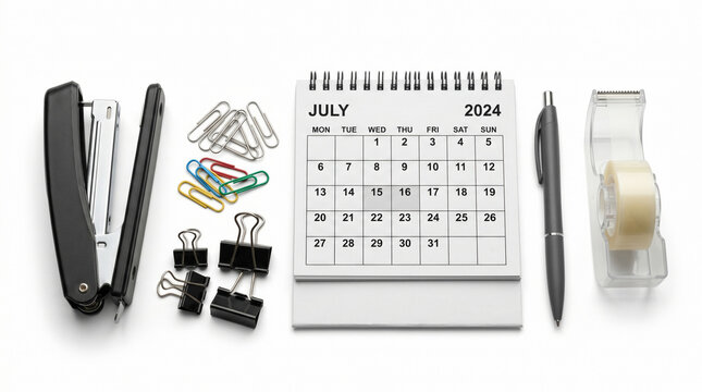 July 2024 desk calendar with office supplies including stapler pen and paper clips on white