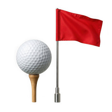 White golf ball on a wooden tee next to a red flag on a pole