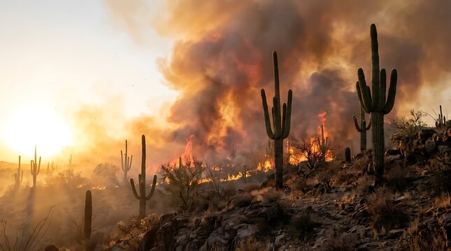 Large wildfire burning in the desert at night with tall saguaro cactus silhouettes under a dark smoky orange sky. arizona wildfire