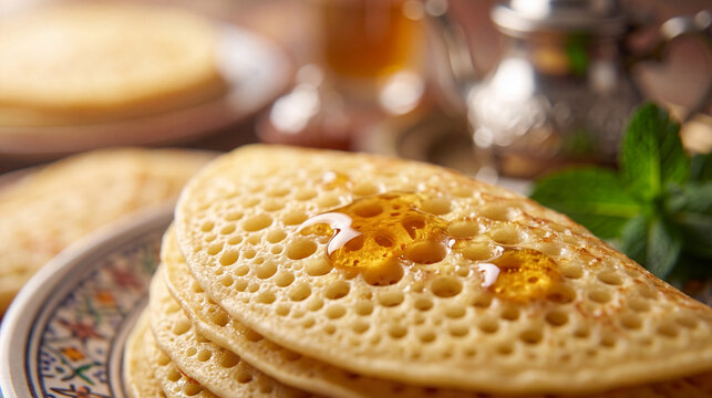 Traditional Moroccan Baghrir Pancakes with Honey and Mint Tea