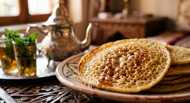 Traditional Moroccan Baghrir Pancakes with Honey and Mint Tea