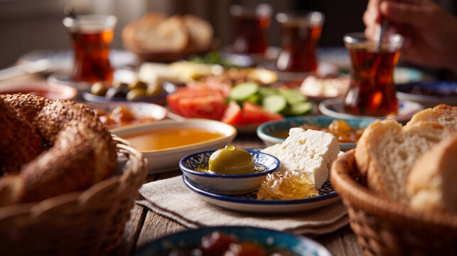 Traditional Turkish Breakfast Spread with Tea, Cheese, Olives and Fresh Bread