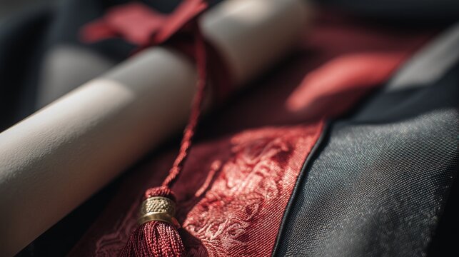 Close-up of graduation gown fabric and diploma scroll, elegant