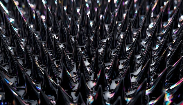 Extreme macro texture of black ferrofluid spikes coated with iridescent rainbow oil.