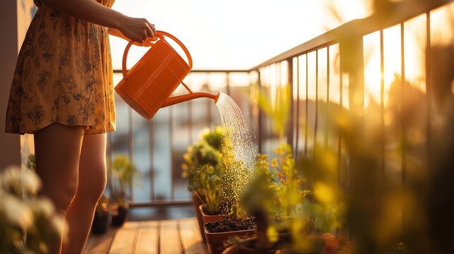 Woman watering potted plants on an apartment balcony during the day