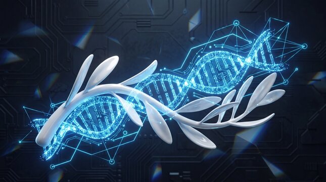 Dna Strand With Leaf Elements Futuristic 3d Render