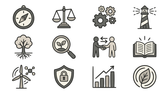 Business strategy and sustainable development icon set