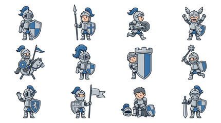 Fototapeta premium Cartoon blue knights and medieval castle icons set.