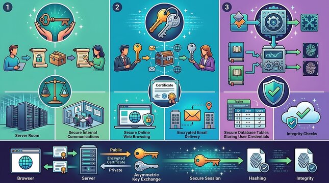 Infographic showing encryption hashing and secure web communication