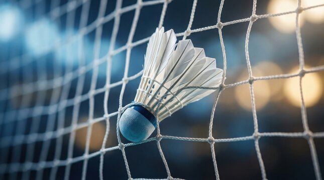 Badminton shuttlecock caught in the net with blurred background lights
