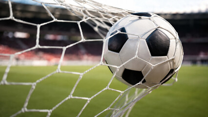 Fototapeta premium Soccer ball caught in goal net with blurred stadium background