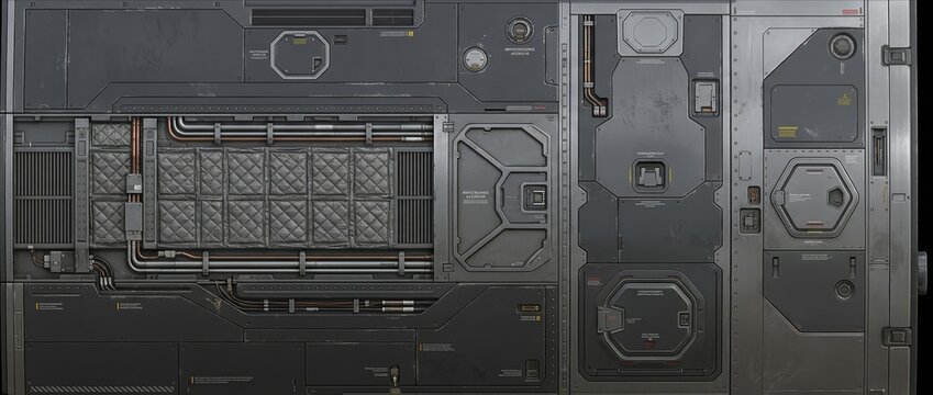 Detailed grungy dark grey sci-fi metal paneling with pipes, vents, and various futuristic elements. Ideal as a background or asset for tech, cyberpunk, and space themes.