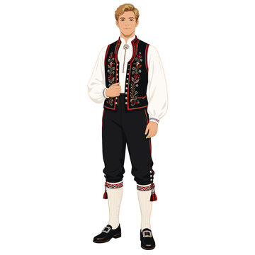 Norwegian Man wearing traditional male bunad, embroidered vest, white shirt, knee breeches or trousers, socks, and folk shoes
