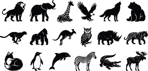 Wild Animal Silhouette Icon Set – 18 Wildlife Mammals and Birds Vector Collection © Milon