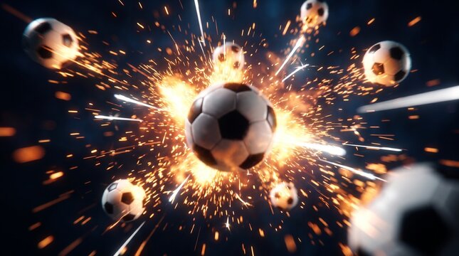 Exploding soccer ball futsal background with sparks and fire