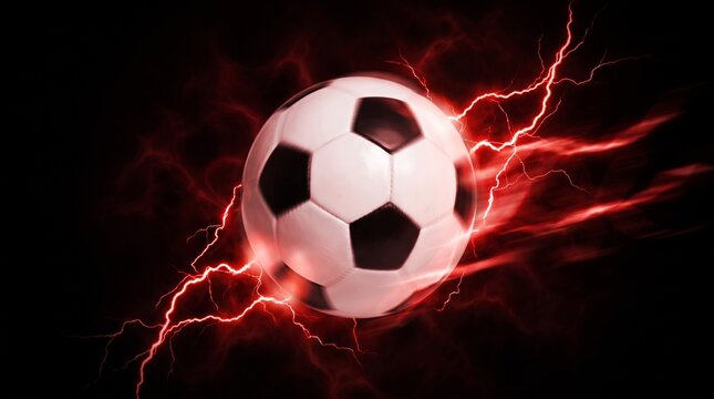 Dramatic futsal background with soccer ball and red lightning energy